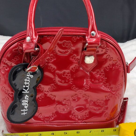Hello Kitty Loungefly Red Patent Embossed Bowler Handbag Bow Charm Medium - Picture 9 of 10